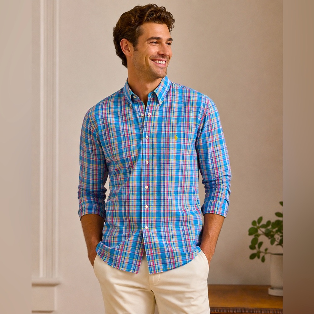 Ralph Lauren XXL Blue Plaid Button Down Shirt 100% Cotton Long Sleeve Classic